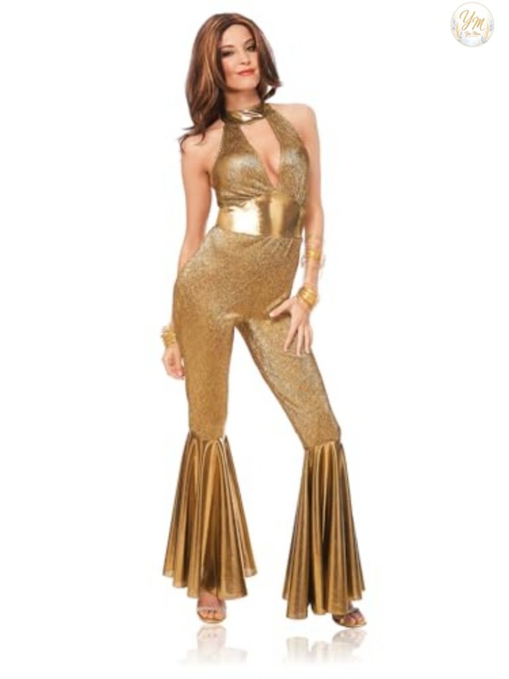 70s Disco Diva Gold Lame Jumpsuit Bell Bottoms Costume